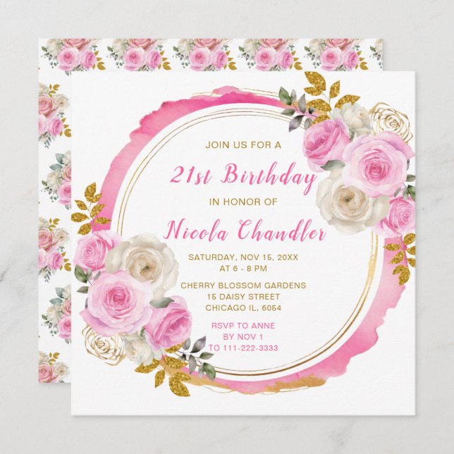 Födelsedagsfest för Bright Rosa Guld Elegant Flowe Inbjudningar (Fram/baksida)