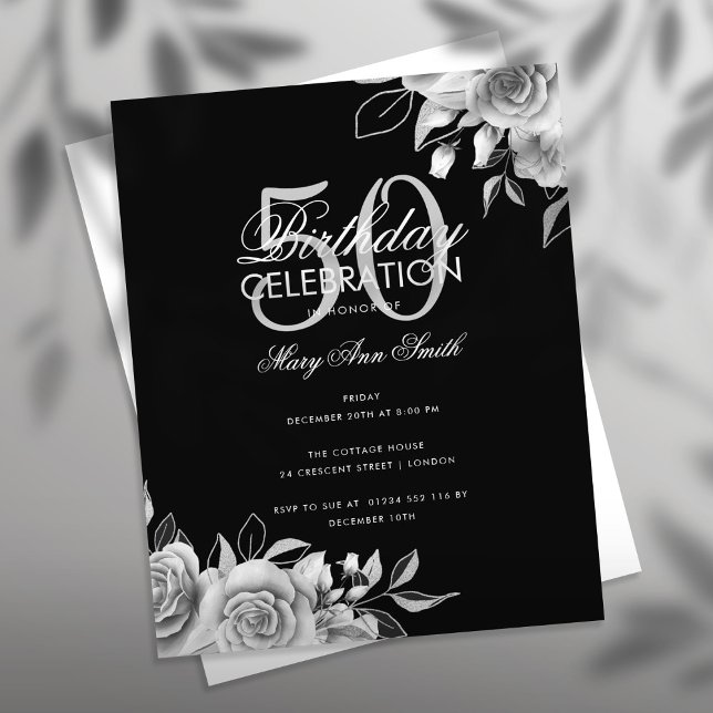 Födelsedagsfest för budgetBlommigt Silver & Black Flygblad (Skapare uppladdad)