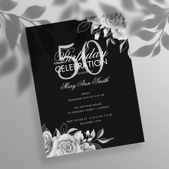 Födelsedagsfest för budgetBlommigt Silver & Black Vykort (Skapare uppladdad)