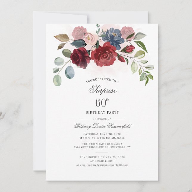 födelsedagsfest för burgundisk Blommigt vid 60:e f Inbjudningar (Framsida)