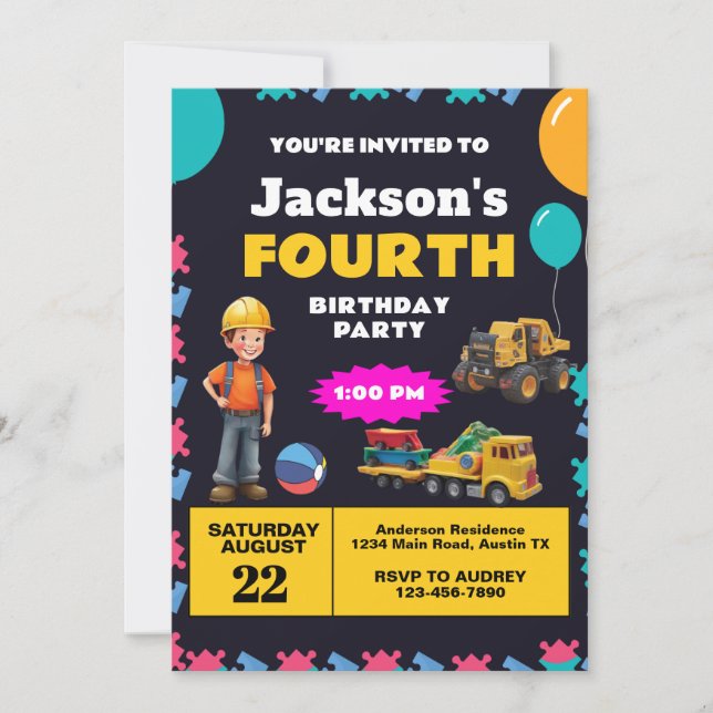 Födelsedagsfest för byggtema inbjudningar (Framsida)