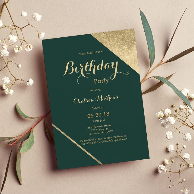Födelsedagsfest för chicen guld i grönt inbjudningar (Glamorous forest green gold chic Birthday Party Invitation)