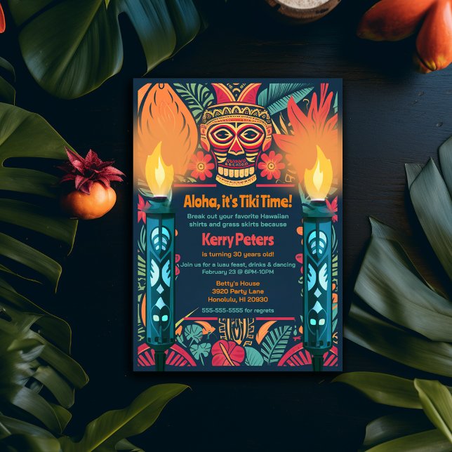Födelsedagsfest för Colorful Tiki Luau Skull Backy Inbjudningar (Tiki Luau Birthday Party Invitation)