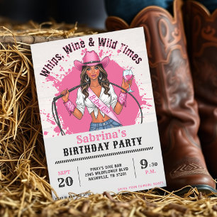 Födelsedagsfest för cowgirls piskar vin & vilda ti inbjudningar