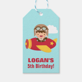 Födelsedagsfest för Cute Aviator Boy-flygplan Presentetikett