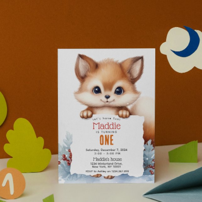 Födelsedagsfest för Cute Fox-vinter-Anpassningsbar Inbjudningar (Skapare uppladdad)