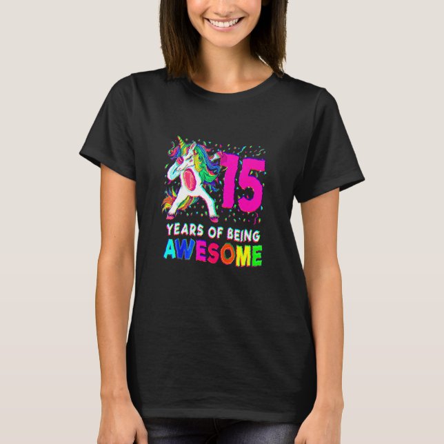 Födelsedagsfest för Dabbing Enhörning 15 år  T Shirt (Framsida)