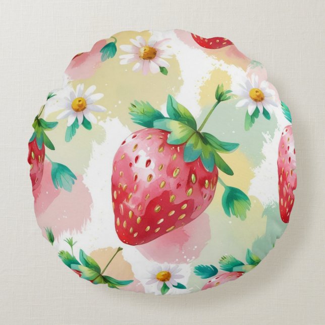 Födelsedagsfest för daisy av regnjordgubbar för  rund kudde (Framsidan)