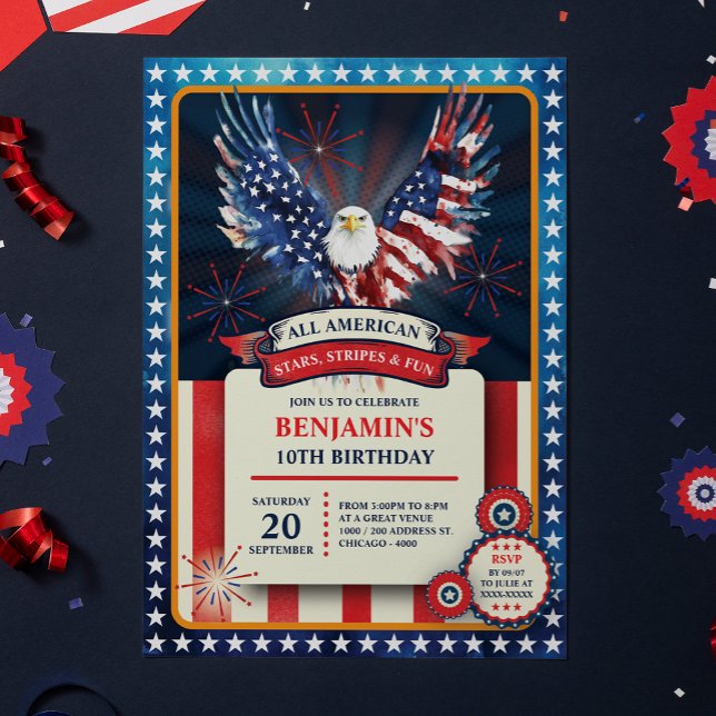 Födelsedagsfest för den fosterländska amerikanska  inbjudningar (Celebrate in true American spirit with this bold and birthday invitation featuring a majestic eagle!)