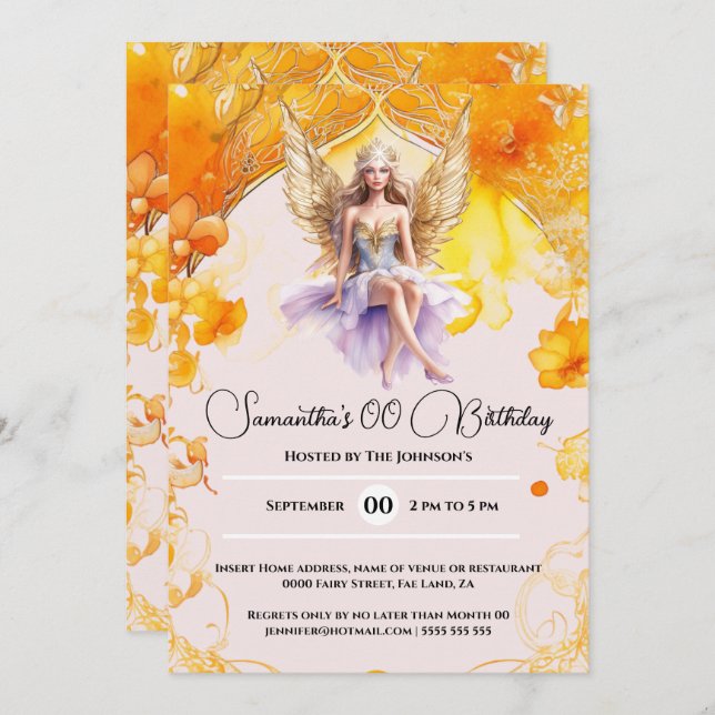 Födelsedagsfest för elegant av orange inbjudningar (Fram/baksida)