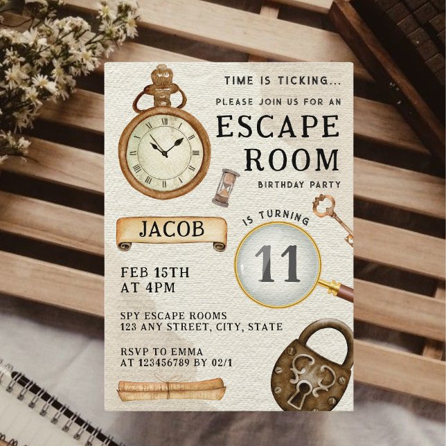Födelsedagsfest för Escape-rum-Barn Inbjudningar (Escape Room Kid's Birthday Party Invitation Spy Detective Puzzle Solve the Case Unique )