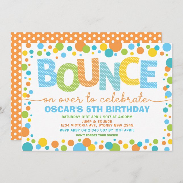Födelsedagsfest för färgad jump-studsstudsning med inbjudningar (Fram/baksida)