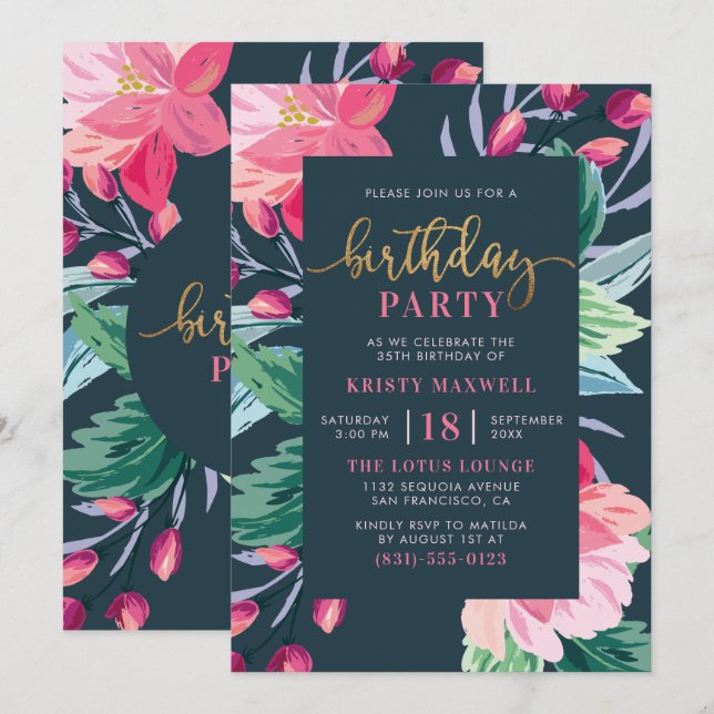 Födelsedagsfest för färgade blommor och Chic Guld- Inbjudningar (Fram/baksida)