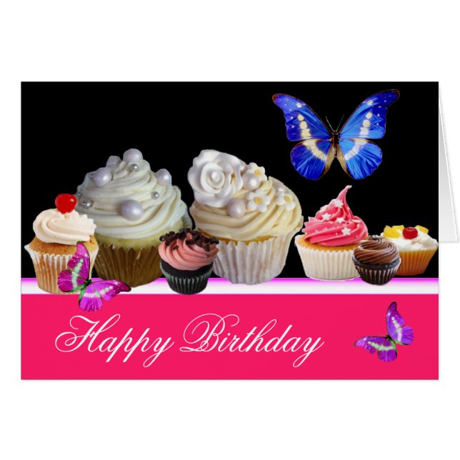 FÖDELSEDAGSFEST FÖR FÄRGBUTTERFLIER I YUMMY-MUFFIN HÄLSNINGSKORT (Framsidan Horizontal)