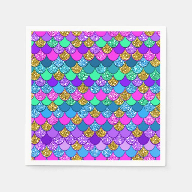 Födelsedagsfest för färgfull Sjöjungfru i glitter Pappersservett (Framsidan)