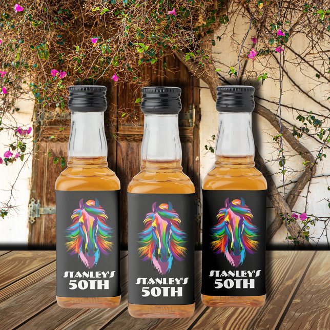 Födelsedagsfest för färglös kapplöpningshäst spritflaskor etikett (Colorful Racehorse Birthday Party Liquor Bottle Labels)