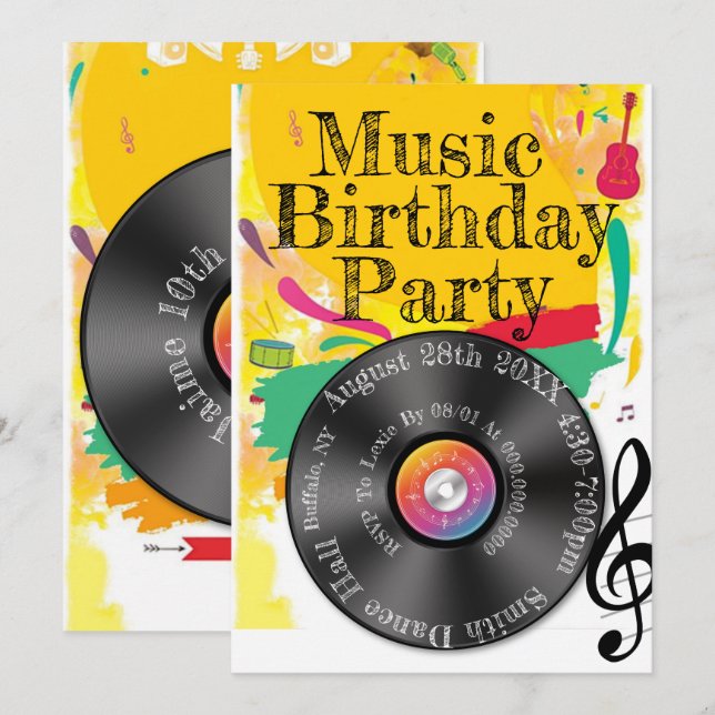 Födelsedagsfest för färglösa poster i Music Dance Inbjudningar (Fram/baksida)