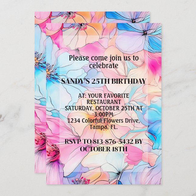Födelsedagsfest för färgstark Abstrakt Blodblommor Inbjudningar (Fram/baksida)