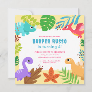 Födelsedagsfest för färgstark cute Dino-illustrati Inbjudningar