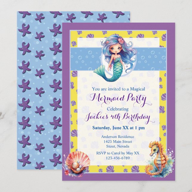Födelsedagsfest för färgstark magisk Sjöjungfru Inbjudningar (Fram/baksida)