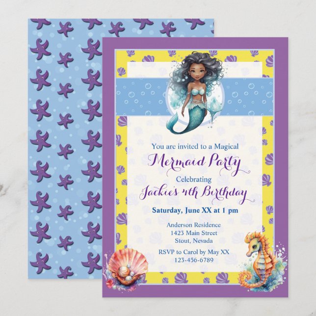 Födelsedagsfest för färgstark magisk Sjöjungfru Inbjudningar (Fram/baksida)