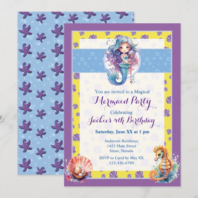 Födelsedagsfest för färgstark magisk Sjöjungfru Inbjudningar (Fram/baksida)