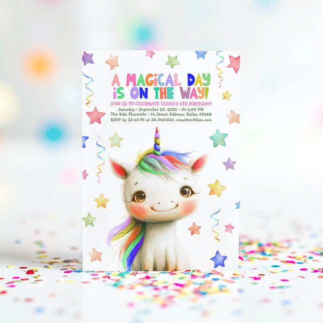Födelsedagsfest för färgstark Roligt i Magic Unico Inbjudningar (Unicorn Birthday Invitations)