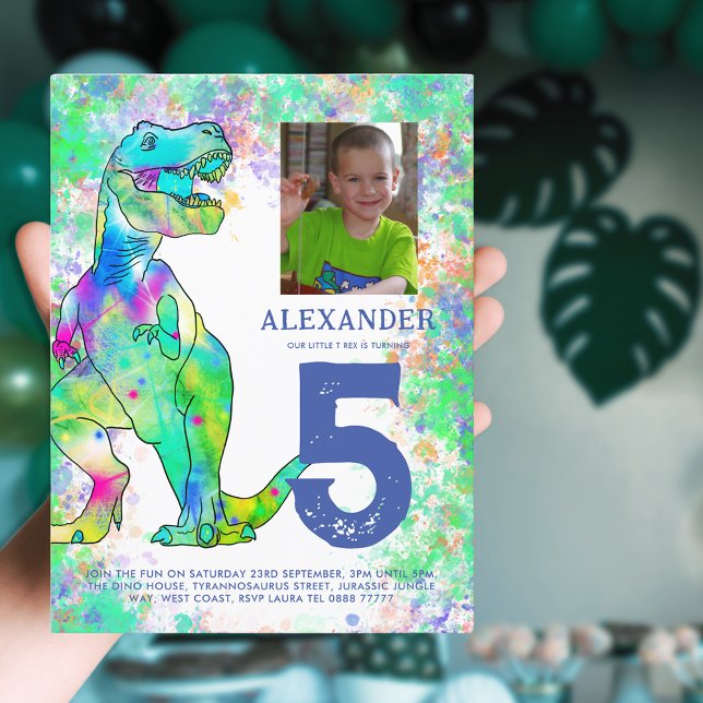 Födelsedagsfest för färgstarka databaser inbjudan vykort (Colorful dinosaur birthday party budget invitation postcard with photo template watercolor T-Rex )