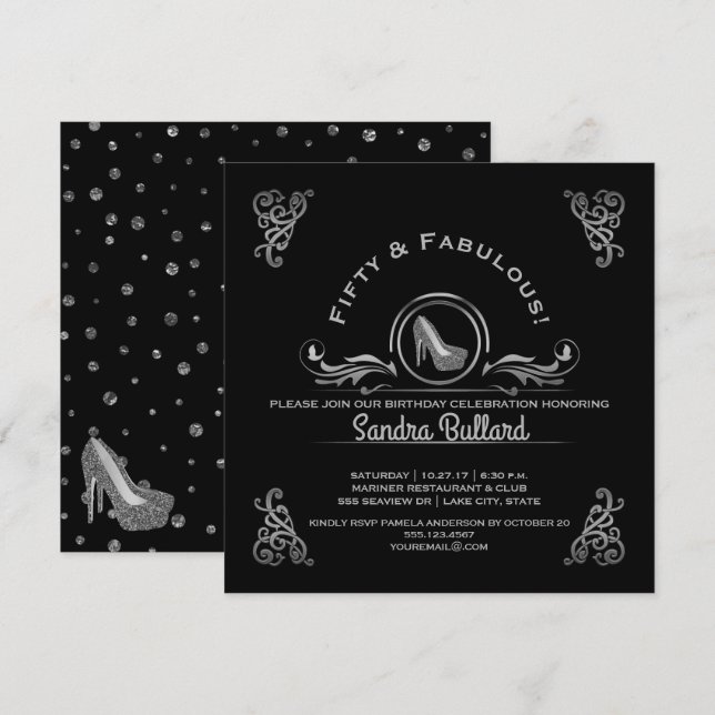 Födelsedagsfest för femtio Silver-Högklackar Inbjudningar (Fram/baksida)