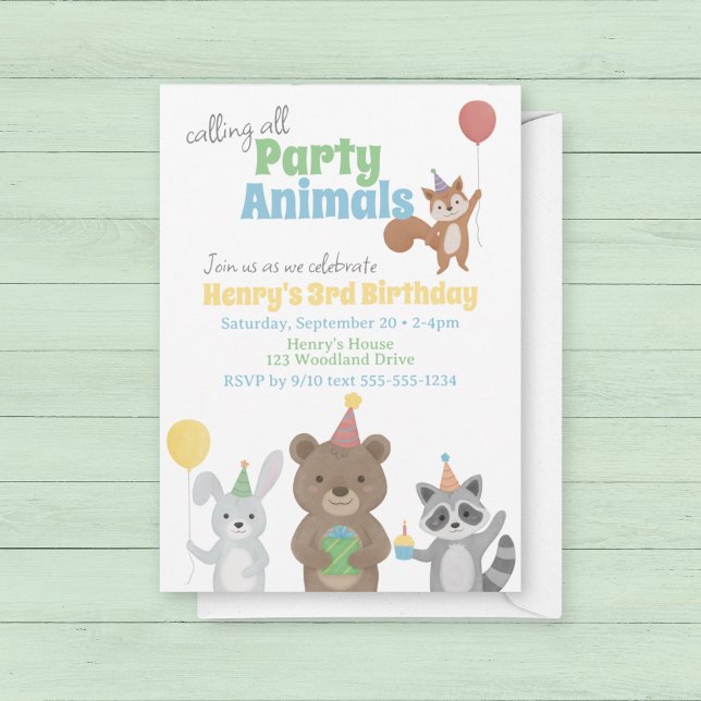 Födelsedagsfest för festdjur inbjudningar (Forest Friends Birthday Party Invitation. Calling all party animals!)