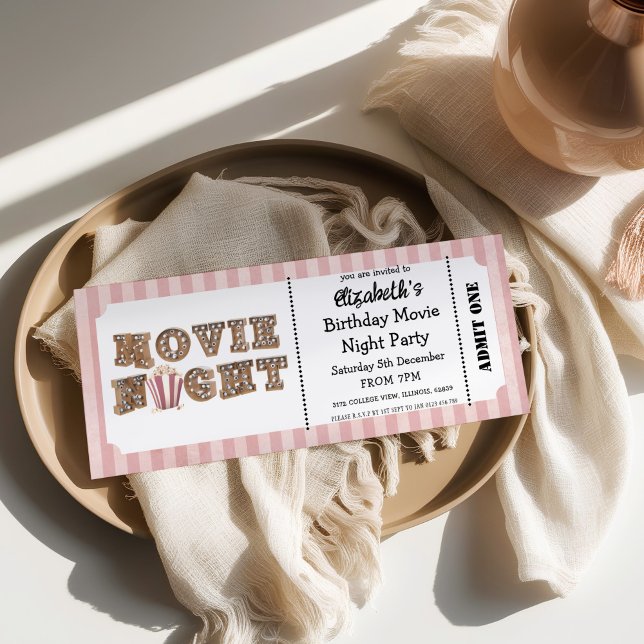 Födelsedagsfest för filmkväll Rosa biljettstil  Inbjudningar (Skapare uppladdad)