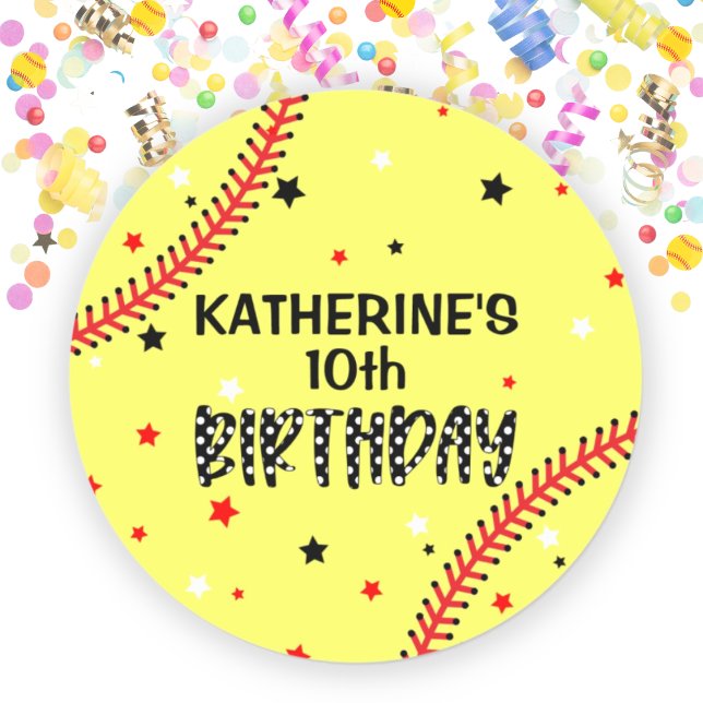 Födelsedagsfest för flicksoftball runt klistermärke (Girls Softball Birthday Party Classic Round Sticker)