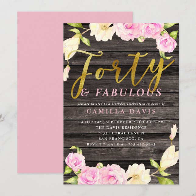 Födelsedagsfest för Fyrtio och Fabulous Rosa Blomm Inbjudningar (Fram/baksida)