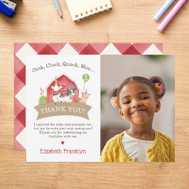 Födelsedagsfest för gårdsdjur Röd check Pojke elle Tack Kort