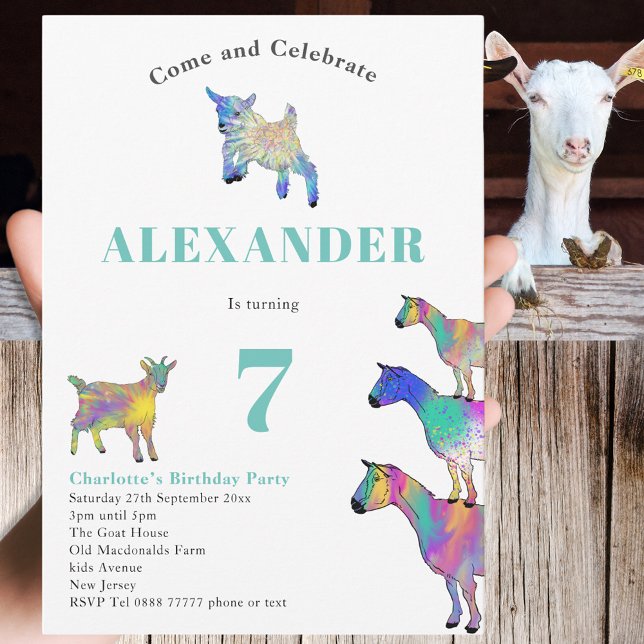 Födelsedagsfest för getter Färgämnet Farm Animal A Inbjudningar (Cute goats colorful farm animal watercolor art 7th birthday party invitation )
