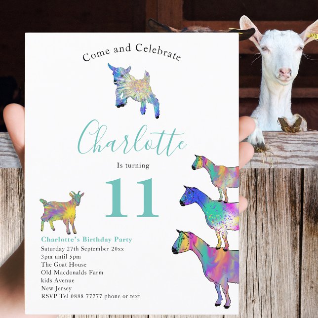 Födelsedagsfest för getuppfödning - djurvattensfär inbjudan vykort (Cute goats colorful farm animal watercolor art 11th birthday party budget invitation postcard)