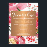 Födelsedagsfest för glam för chic av vattenfärgen  inbjudningar<br><div class="desc">Romantisk glamorös feminin stil tjugoett (redigerbart manus) - du kan ändra åldern) födelsedagsfestens chic och elegantens mongrammade blommigt- eller metallinbjudningsmall med vattenfärgade peonier i rött och nyanser av rosa, fuchsia och magenta med små löv av grönt och en fyrkantig guld av kopparshinny. Fyll i informationen på plats. Du kan välja...</div>