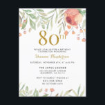 Födelsedagsfest för glitter 80th för vattenfärg inbjudan vykort<br><div class="desc">Denna elegant födelsedagsfestinbjudan är perfekt för den speciella dam roterande 80! Presentera rosa målningar för vattenfärg och elegant text,  är denna design säker att vara precis vad du söker efter. Tillfoga ditt specificerar snabbt och lätt till designen och tar hem din inbjudan i dag!</div>