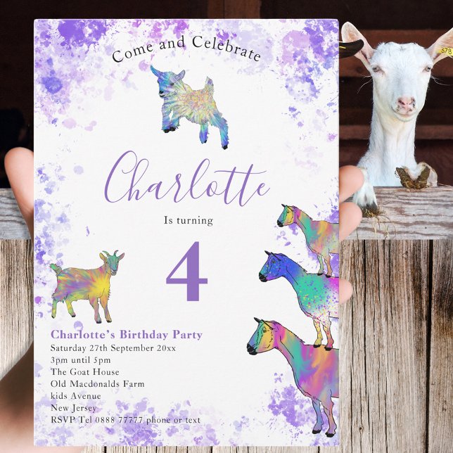 Födelsedagsfest för groddar för kute och getter inbjudningar (Farm goats 4th birthday party invitation colorful watercolor animal art)