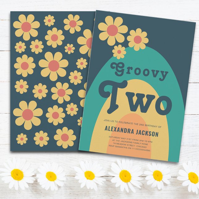 Födelsedagsfest för Groovy Two Retro-Daisy Inbjudningar (Groovy two retro boho 2nd birthday party invitation with hippie daisy arch)