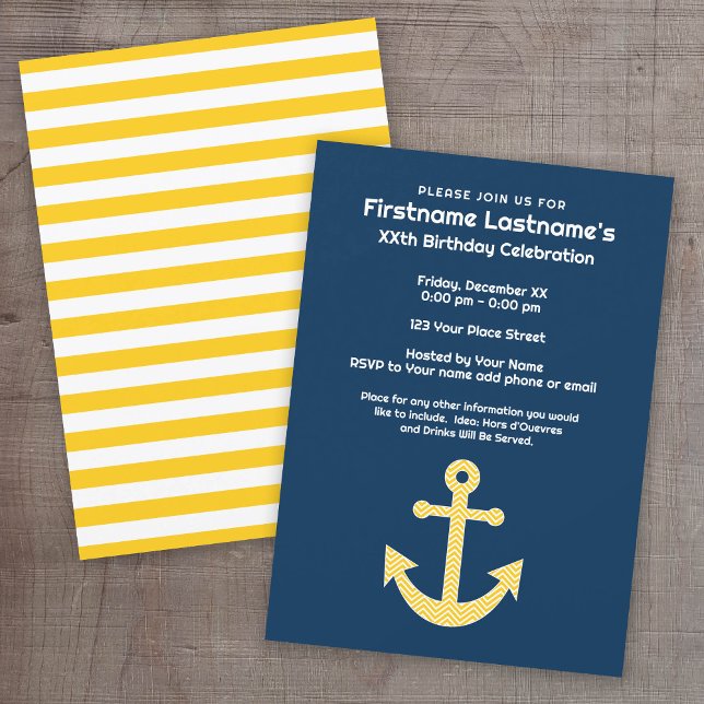 Födelsedagsfest för Gulten Nautical Anchor Navy Inbjudningar (Custom Nautical Party Invitation)