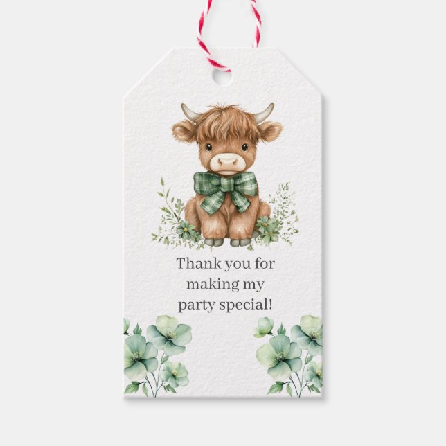 Födelsedagsfest för höglandskö för grönt presentetikett (Framsidan)
