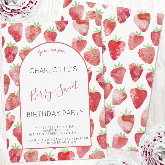 Födelsedagsfest för jordgubbsvattenfärg inbjudningar (Strawberry watercolor custom birthday party invitation with digital download and print options)