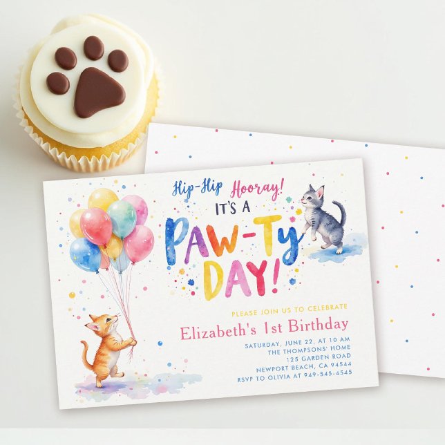Födelsedagsfest för katt med färgglada kattungar b inbjudningar (cat themed 1st birthday party invitation kitten balloons watercolor character kids pastel adorable)