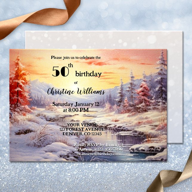 Födelsedagsfest för konstgjord Vuxen för elegant Inbjudningar (Adult birthday invitation featuring a watercolor painting of a winter wonderland at sunset)