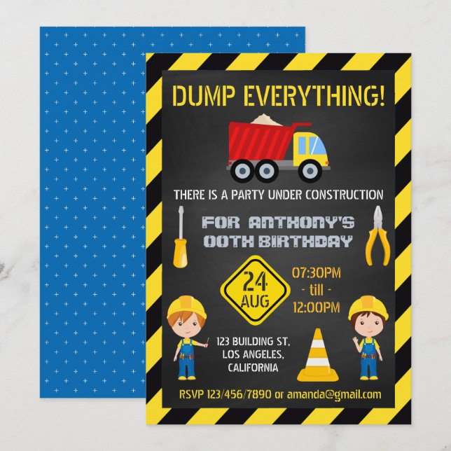 Födelsedagsfest för konstruktionskartong oavsett å inbjudningar (Fram/baksida)