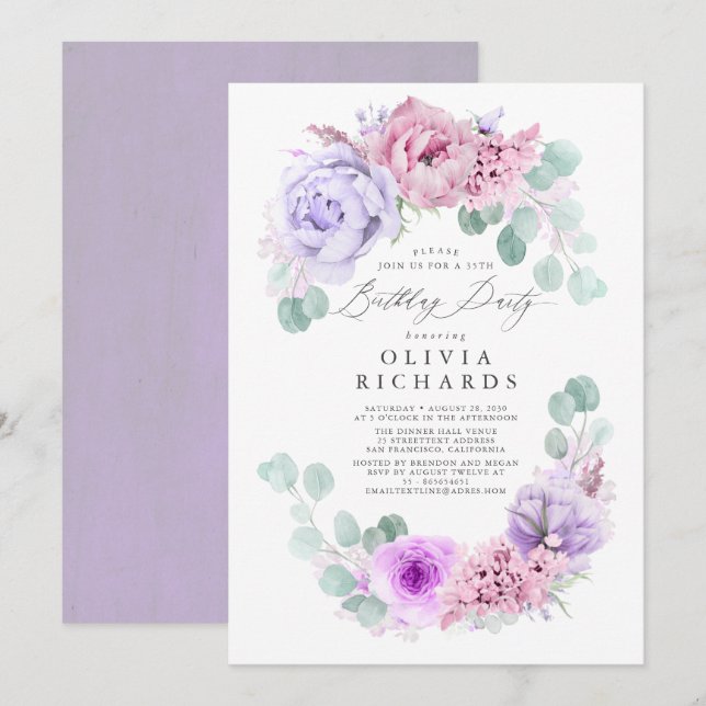 Födelsedagsfest för lätt Lila och Rosa Flowers Inbjudningar (Fram/baksida)