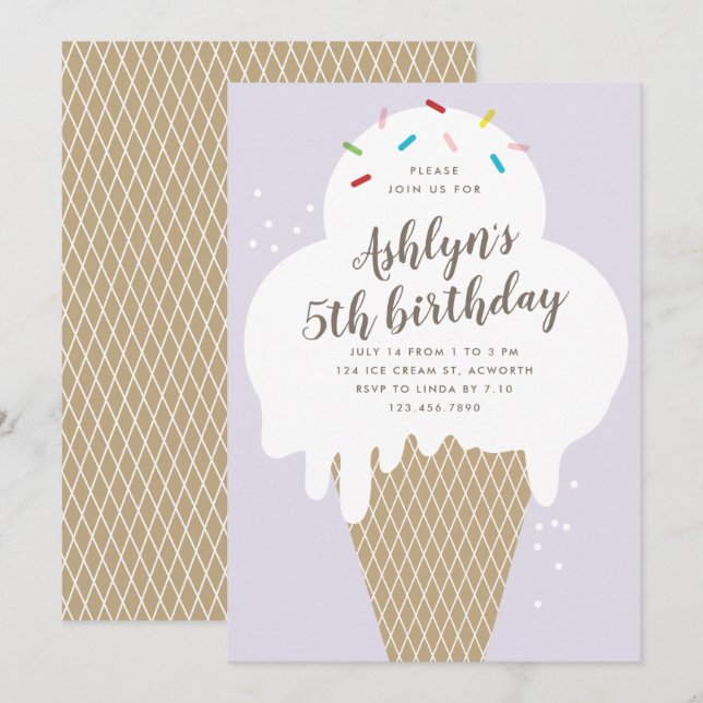 Födelsedagsfest för lila av isgräddkonbarn inbjudningar (Fram/baksida)