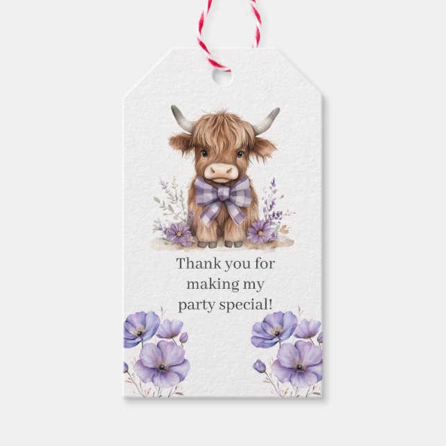 Födelsedagsfest för lila höglandskokor presentetikett (Framsidan)