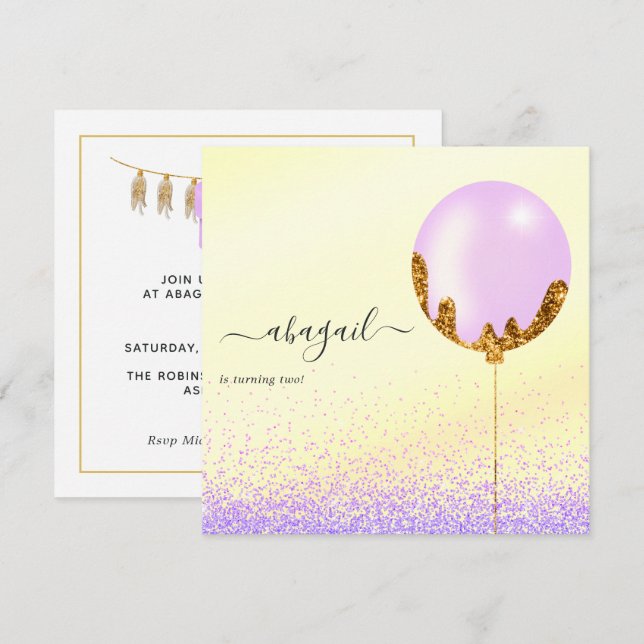 Födelsedagsfest för lila och Guld och Rosa Inbjudningar (Fram/baksida)